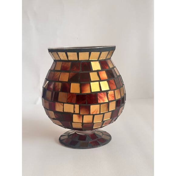 Vintage Mosaic Glass Pedestal Vase CandleHolder 8” tall Gold Amber Brown - Picture 7 of 7